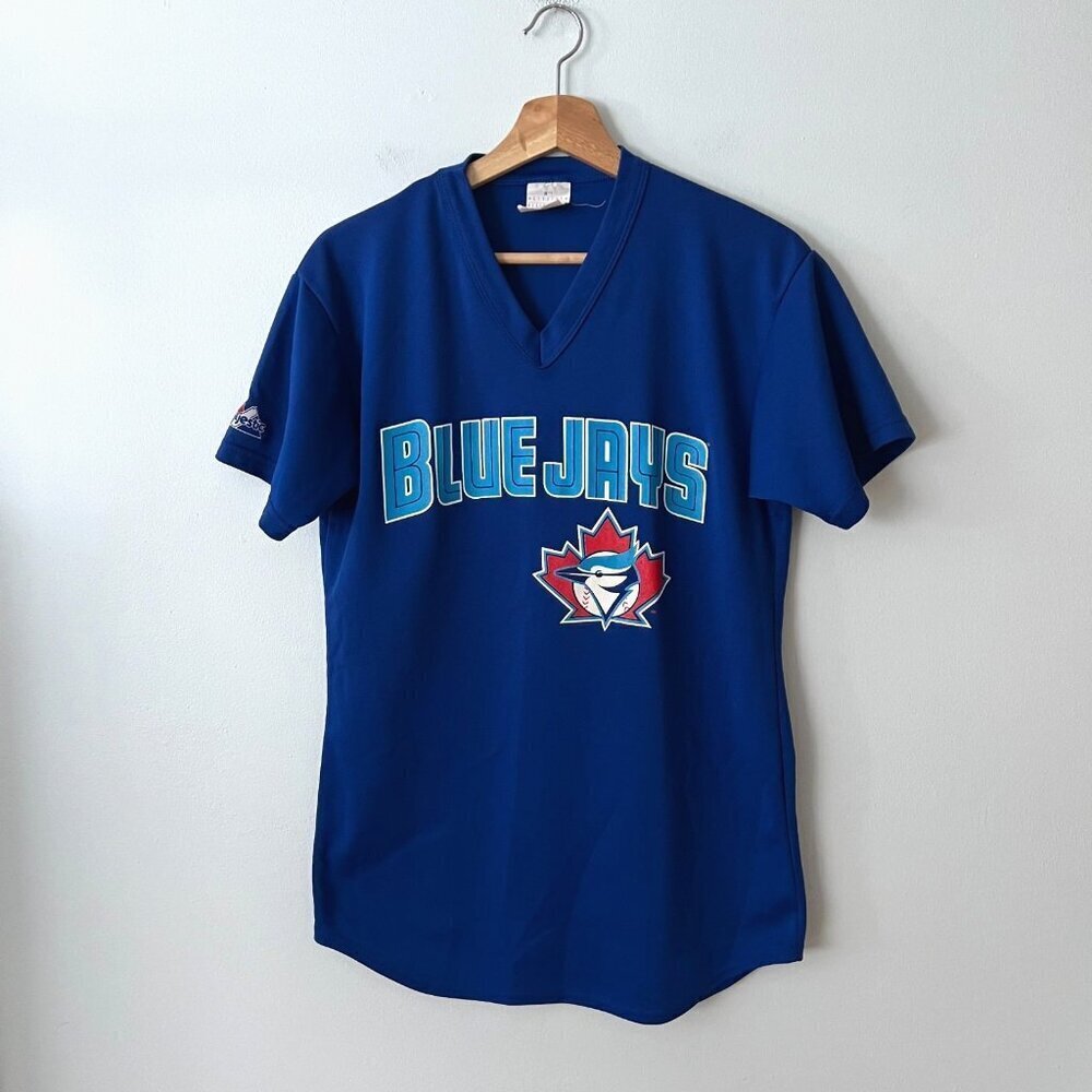 Vintage Majestic Toronto Blue Jays V-Neck Pullover Jersey 15 Adult Size Medium